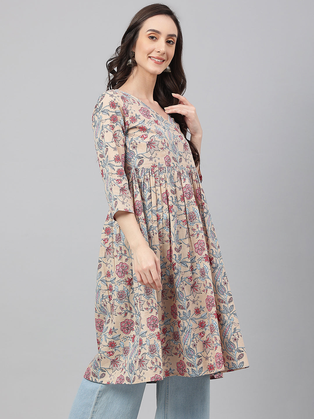 Janasya Women's Beige Cotton Floral Printed Casual Angrakha Kurta