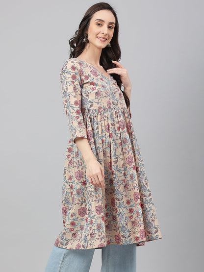 Janasya Women's Beige Cotton Floral Printed Casual Angrakha Kurta