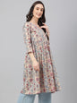 Janasya Women's Beige Cotton Floral Printed Casual Angrakha Kurta