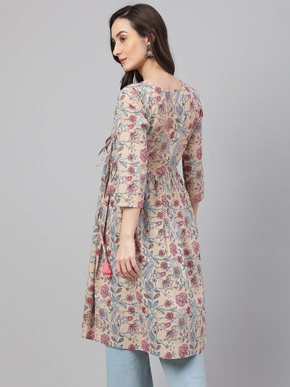 Janasya Women's Beige Cotton Floral Printed Casual Angrakha Kurta