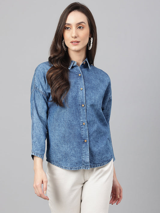 Janasya Women's Blue Denim Solid Shirt Style Top