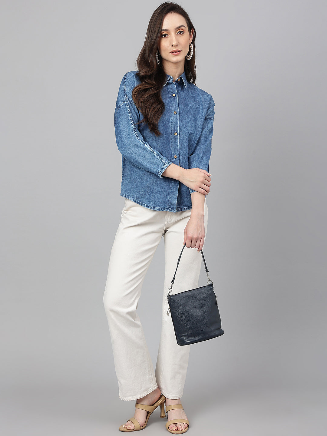 Janasya Women's Blue Denim Solid Shirt Style Top