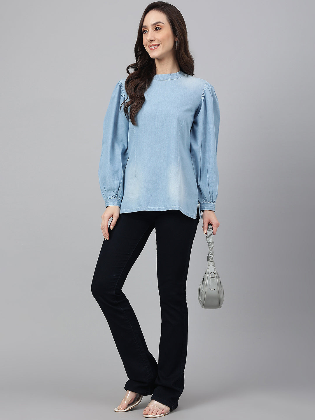 Janasya Women's Light Blue Denim Solid Regular Top
