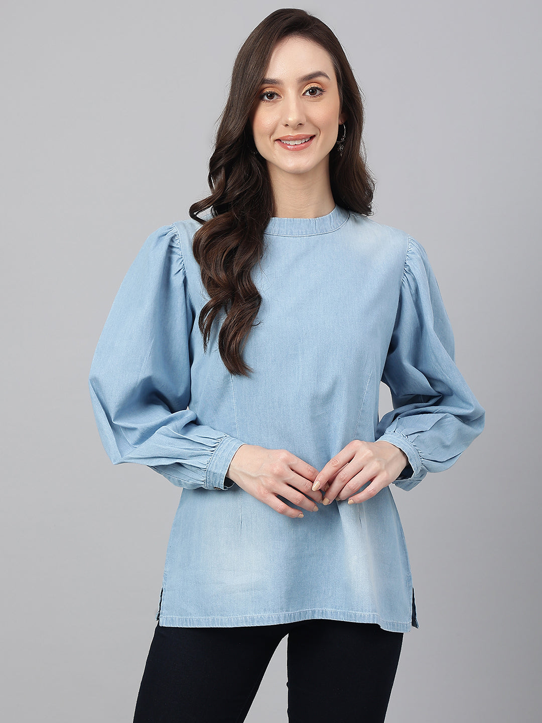 Janasya Women's Light Blue Denim Solid Regular Top