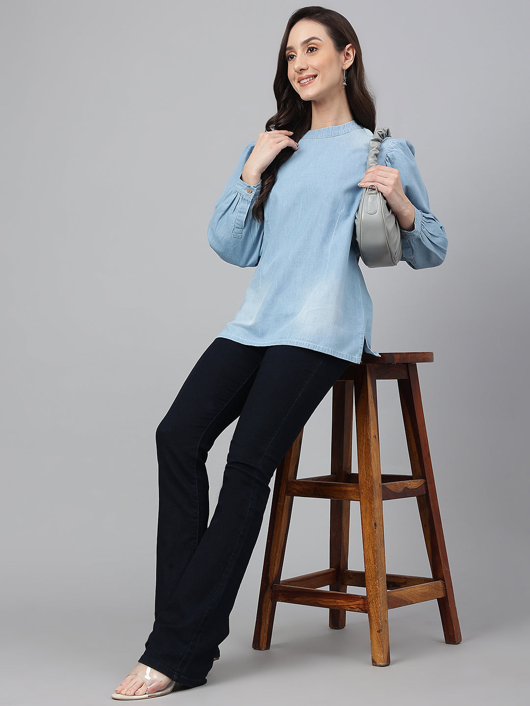 Janasya Women's Light Blue Denim Solid Regular Top
