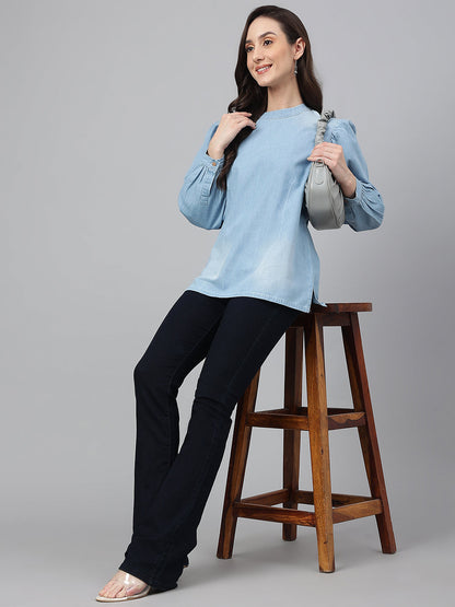 Janasya Women's Light Blue Denim Solid Regular Top
