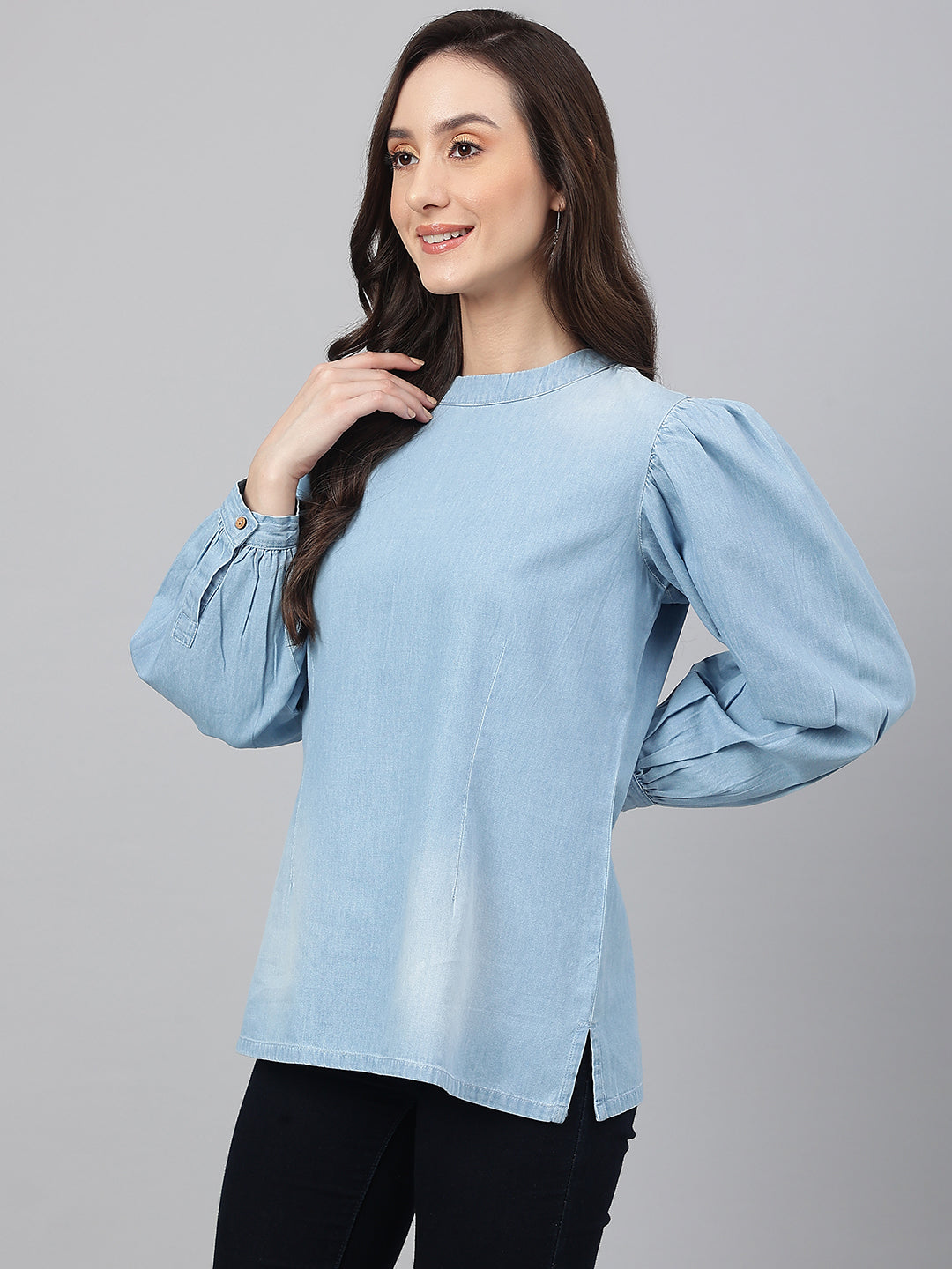Janasya Women's Light Blue Denim Solid Regular Top