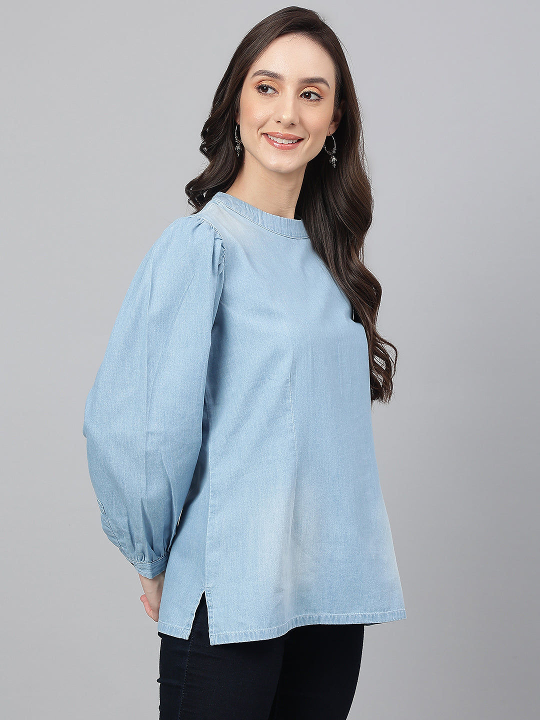 Janasya Women's Light Blue Denim Solid Regular Top