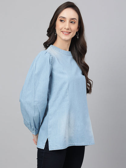 Janasya Women's Light Blue Denim Solid Regular Top