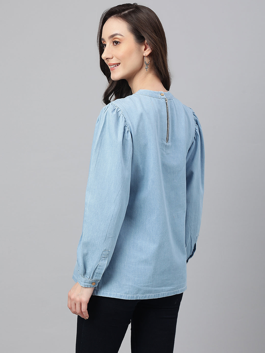 Janasya Women's Light Blue Denim Solid Regular Top