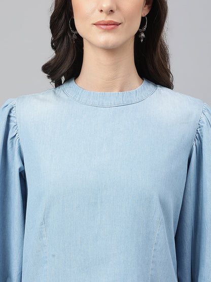 Janasya Women's Light Blue Denim Solid Regular Top