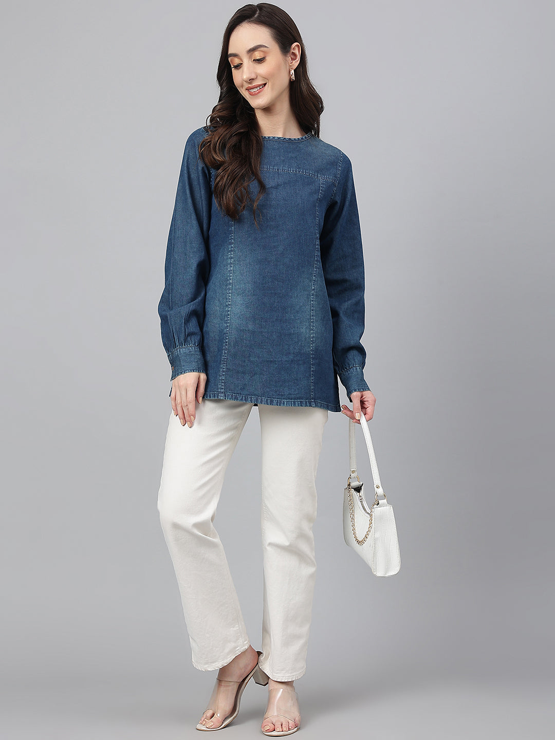 Janasya Women's Dark Blue Denim Solid Regular Top