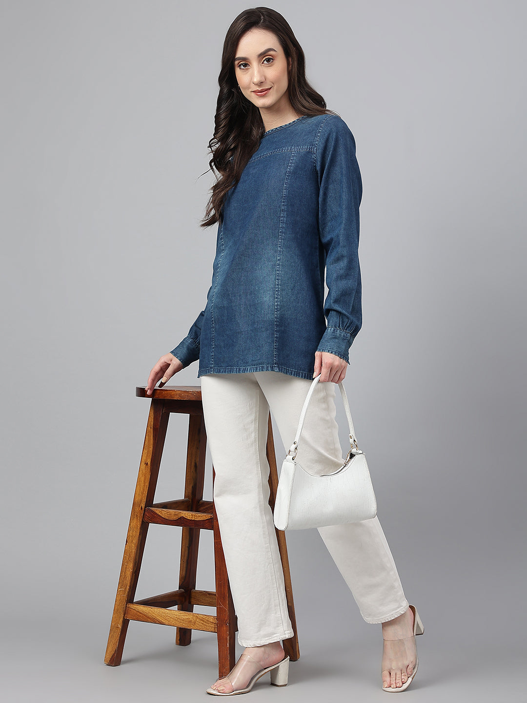 Janasya Women's Dark Blue Denim Solid Regular Top