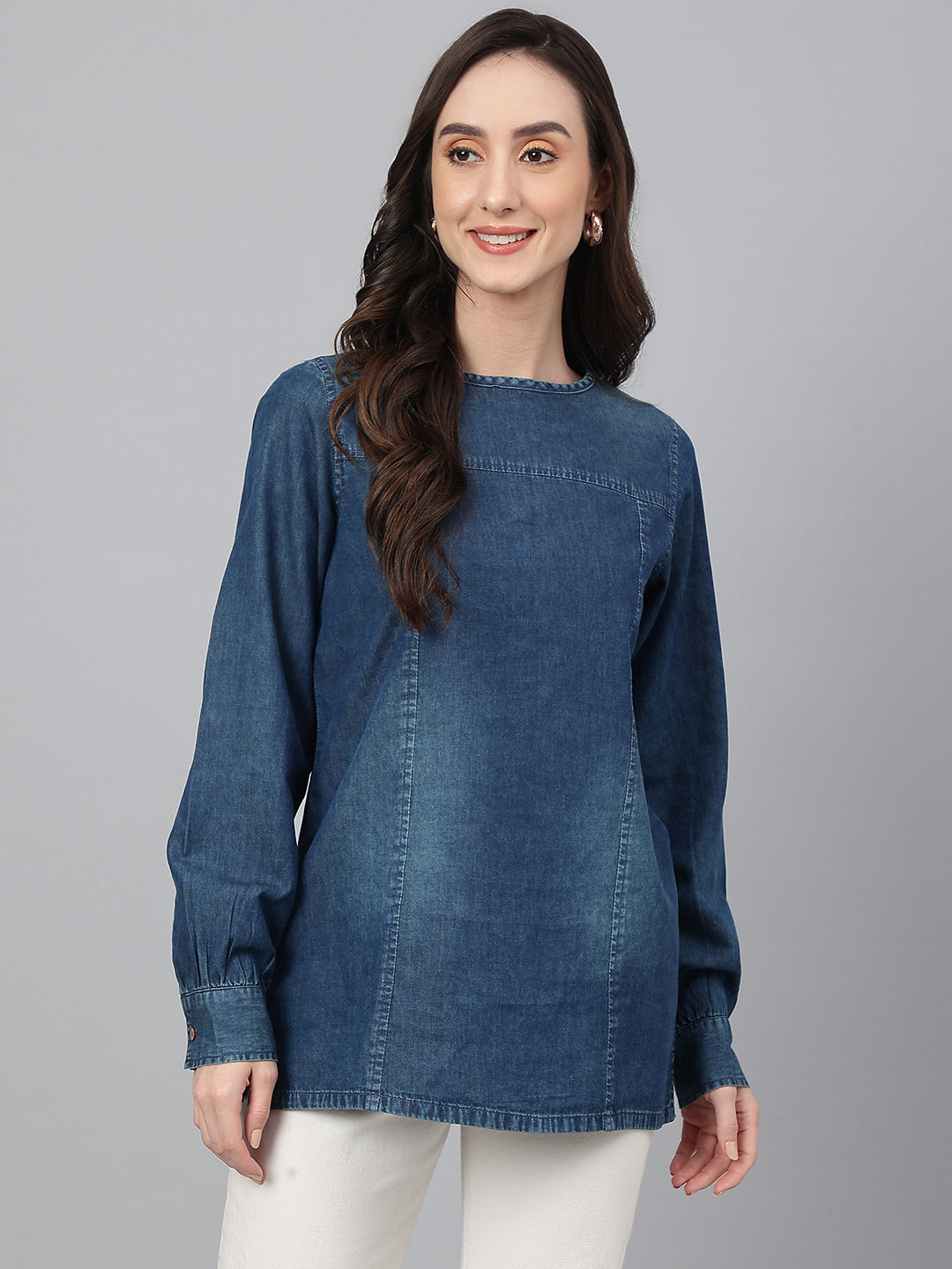 Janasya Women's Dark Blue Denim Solid Regular Top