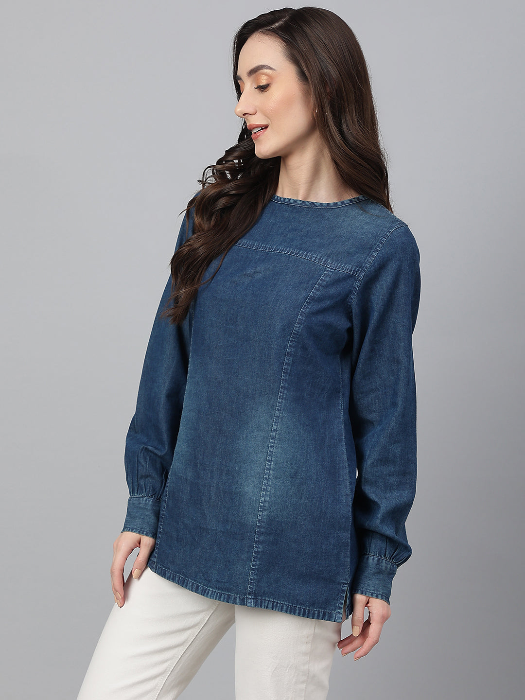 Janasya Women's Dark Blue Denim Solid Regular Top