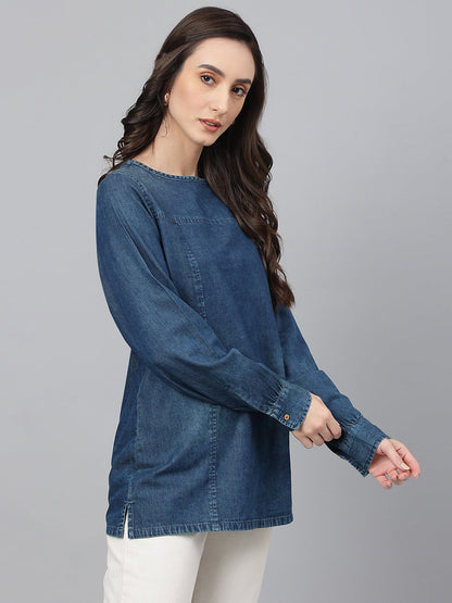 Janasya Women's Dark Blue Denim Solid Regular Top