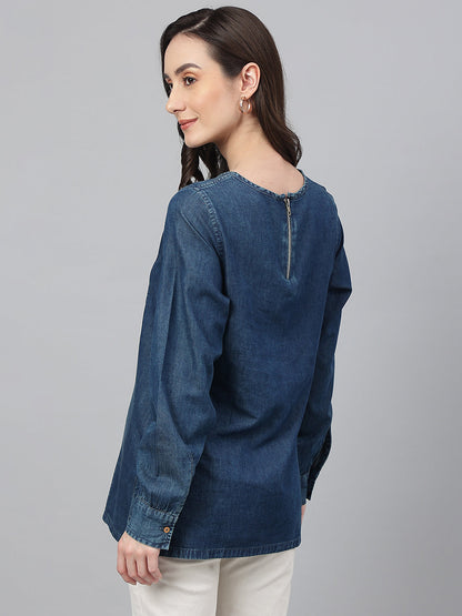 Janasya Women's Dark Blue Denim Solid Regular Top