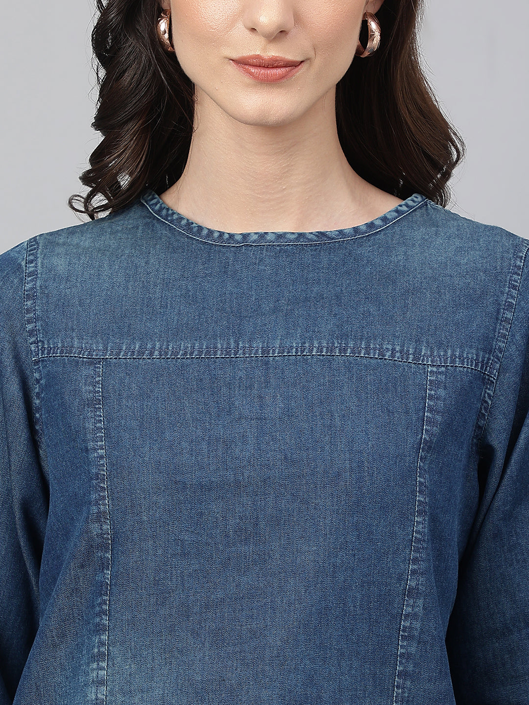 Janasya Women's Dark Blue Denim Solid Regular Top