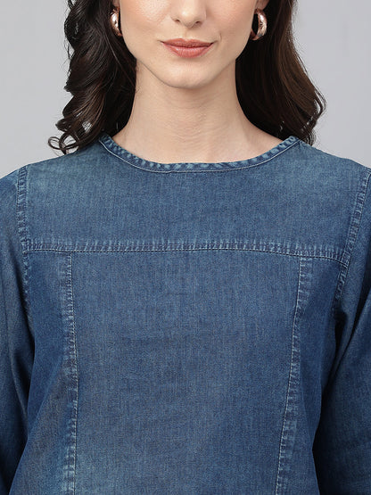 Janasya Women's Dark Blue Denim Solid Regular Top