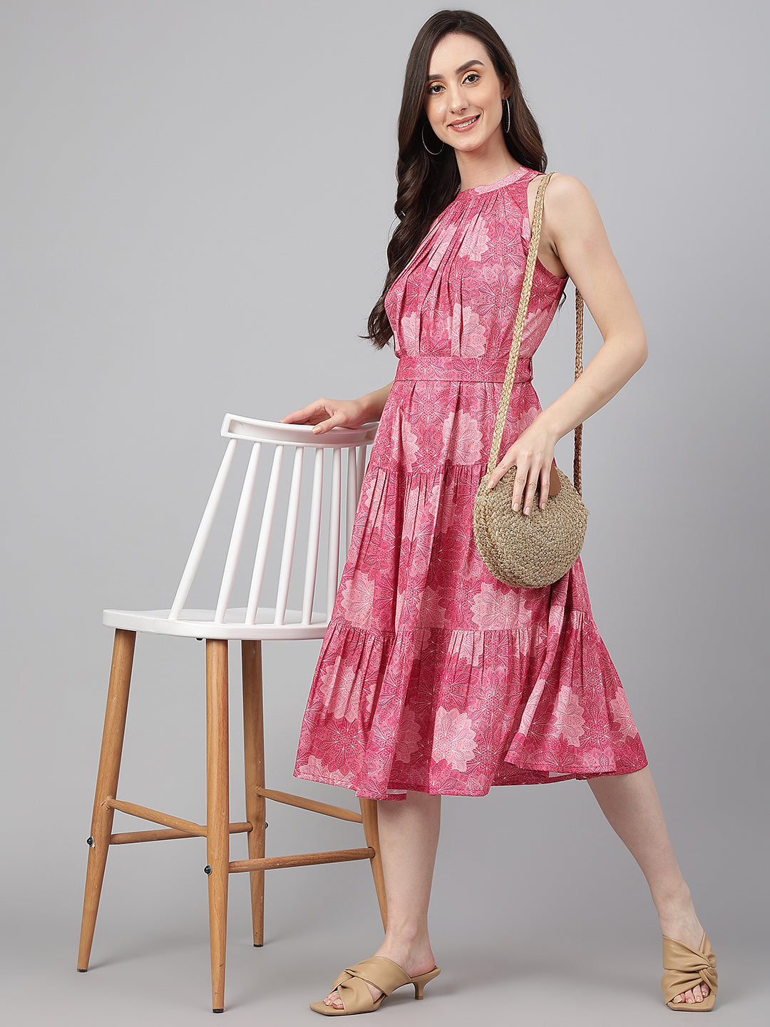 Janasya Women's Pink Crepe Digital Printed Tiered Western Dress