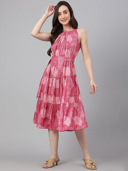 Janasya Women's Pink Crepe Digital Printed Tiered Western Dress
