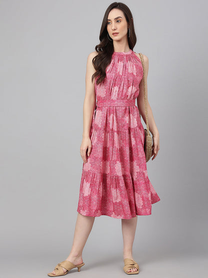 Janasya Women's Pink Crepe Digital Printed Tiered Western Dress