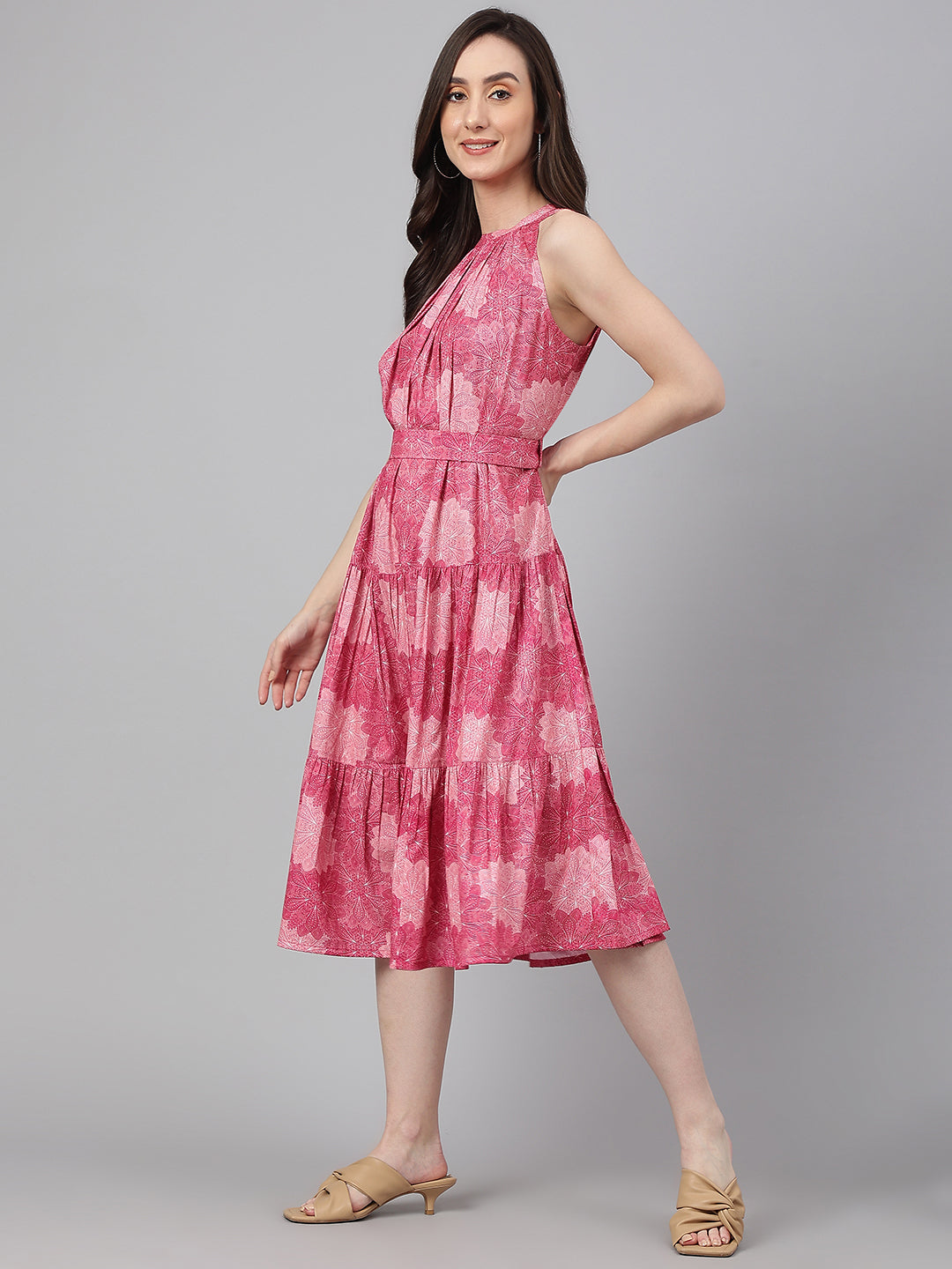 Janasya Women's Pink Crepe Digital Printed Tiered Western Dress