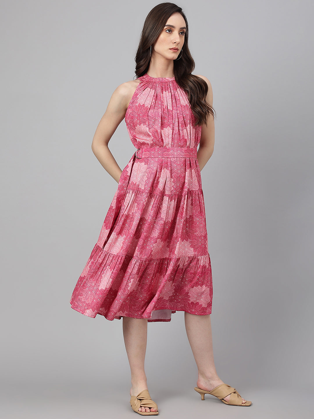 Janasya Women's Pink Crepe Digital Printed Tiered Western Dress