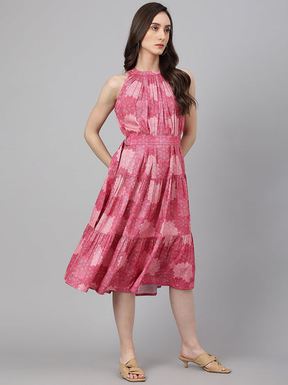 Janasya Women's Pink Crepe Digital Printed Tiered Western Dress