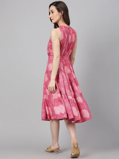 Janasya Women's Pink Crepe Digital Printed Tiered Western Dress