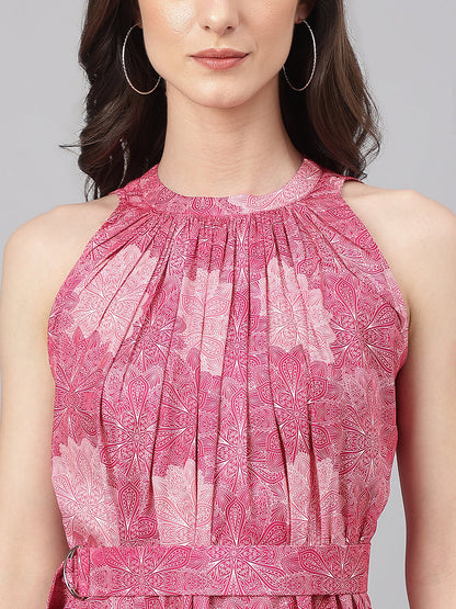 Janasya Women's Pink Crepe Digital Printed Tiered Western Dress