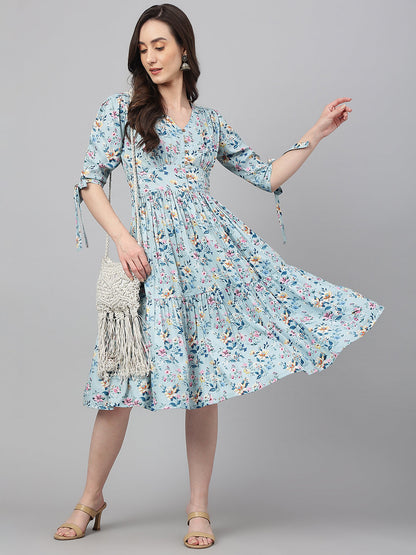 Janasya Women's Blue Crepe Digital Printed Flared Western Dress