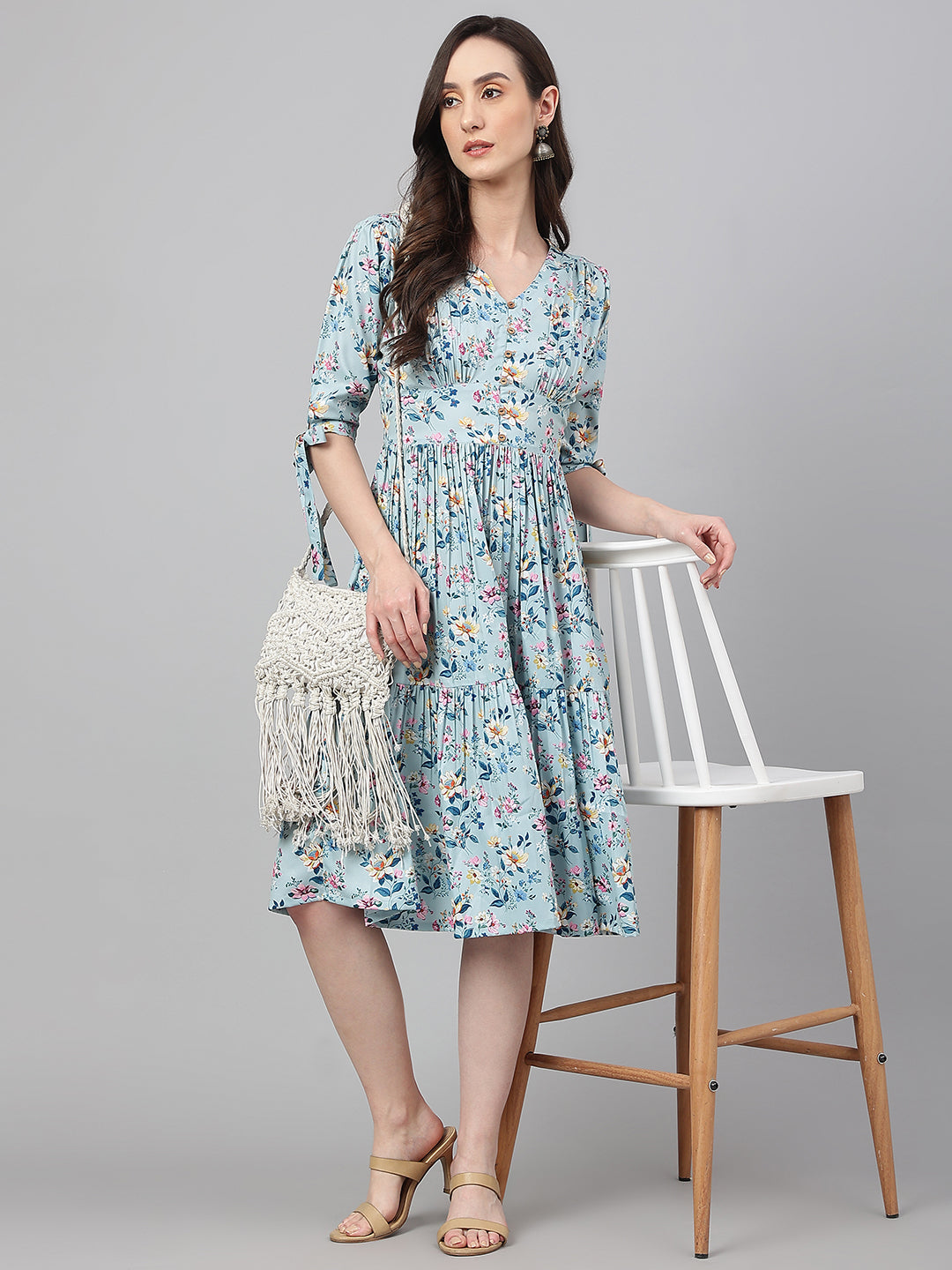 Janasya Women's Blue Crepe Digital Printed Flared Western Dress