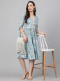 Janasya Women's Blue Crepe Digital Printed Flared Western Dress