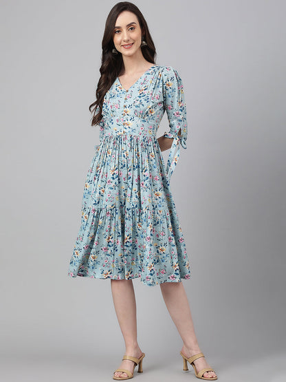 Janasya Women's Blue Crepe Digital Printed Flared Western Dress