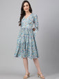 Janasya Women's Blue Crepe Digital Printed Flared Western Dress