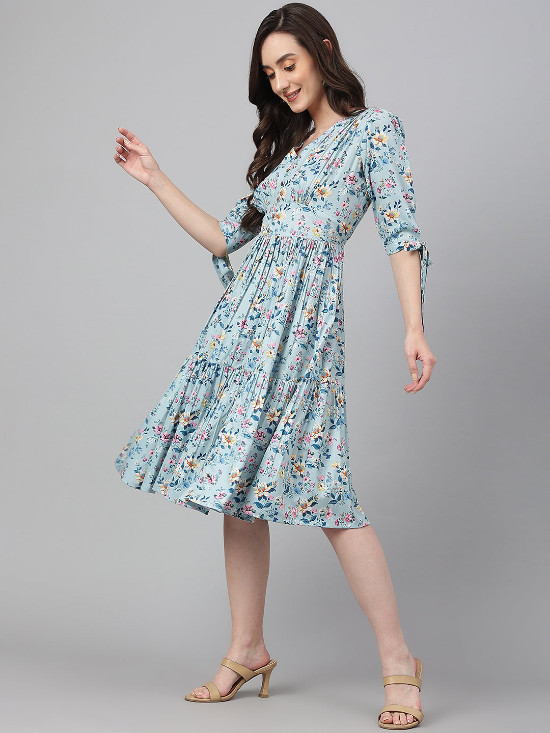 Janasya Women's Blue Crepe Digital Printed Flared Western Dress