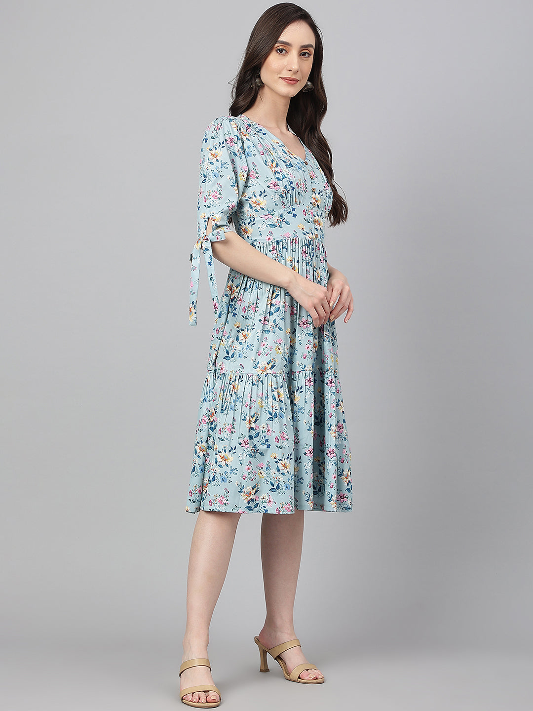 Janasya Women's Blue Crepe Digital Printed Flared Western Dress