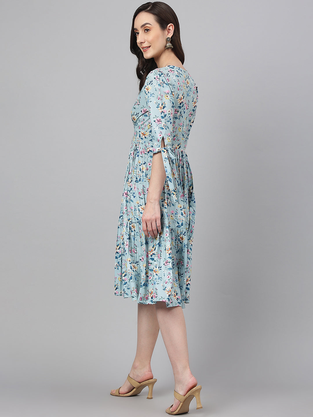 Janasya Women's Blue Crepe Digital Printed Flared Western Dress