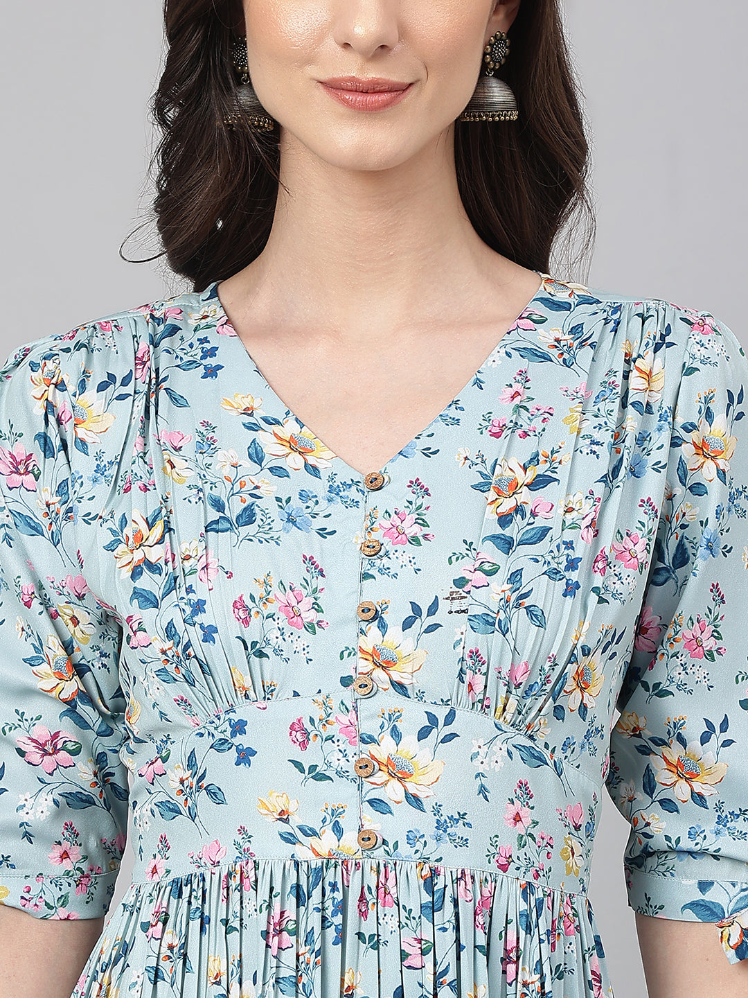 Janasya Women's Blue Crepe Digital Printed Flared Western Dress