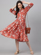 Janasya Women's Rust Crepe Digital Printed Flared Western Dress