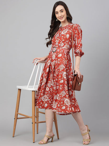 Janasya Women's Rust Crepe Digital Printed Flared Western Dress