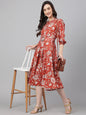 Janasya Women's Rust Crepe Digital Printed Flared Western Dress