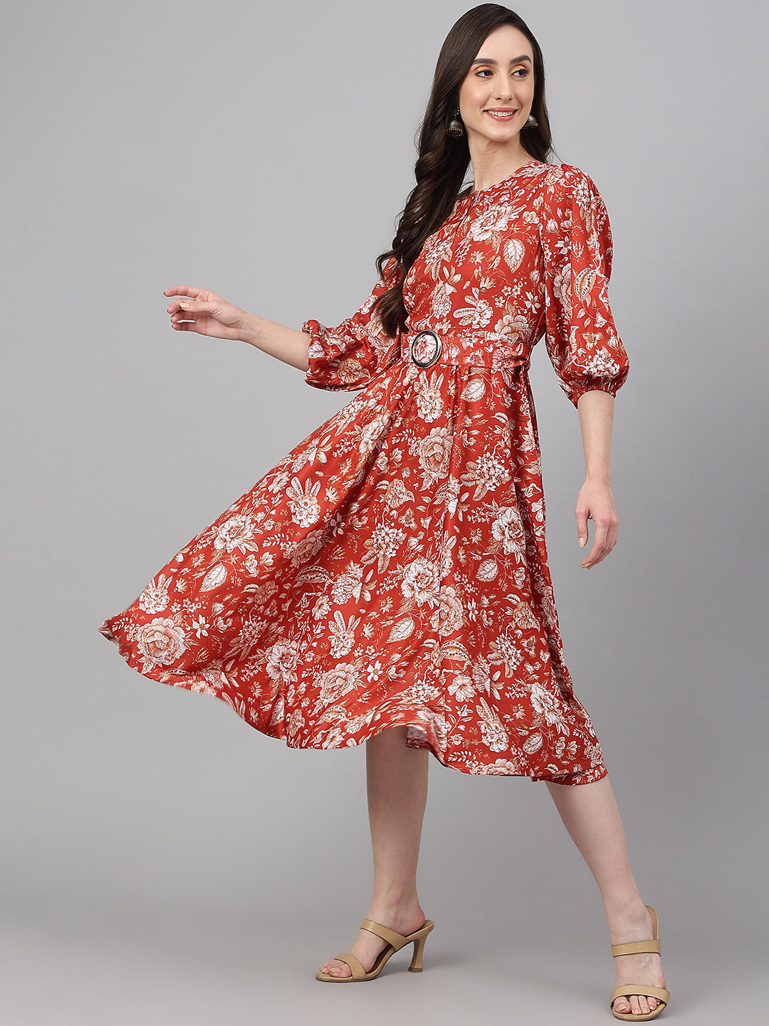 Janasya Women's Rust Crepe Digital Printed Flared Western Dress
