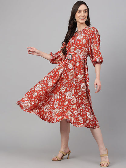 Janasya Women's Rust Crepe Digital Printed Flared Western Dress