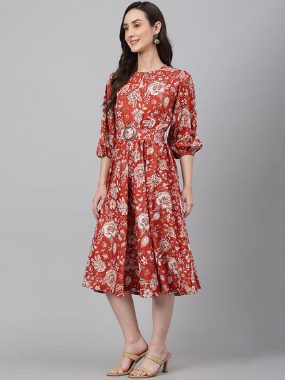 Janasya Women's Rust Crepe Digital Printed Flared Western Dress