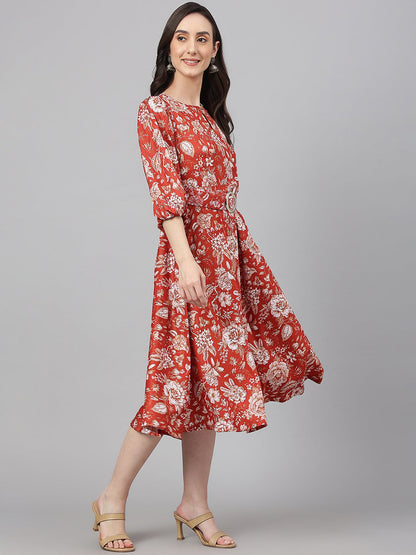 Janasya Women's Rust Crepe Digital Printed Flared Western Dress
