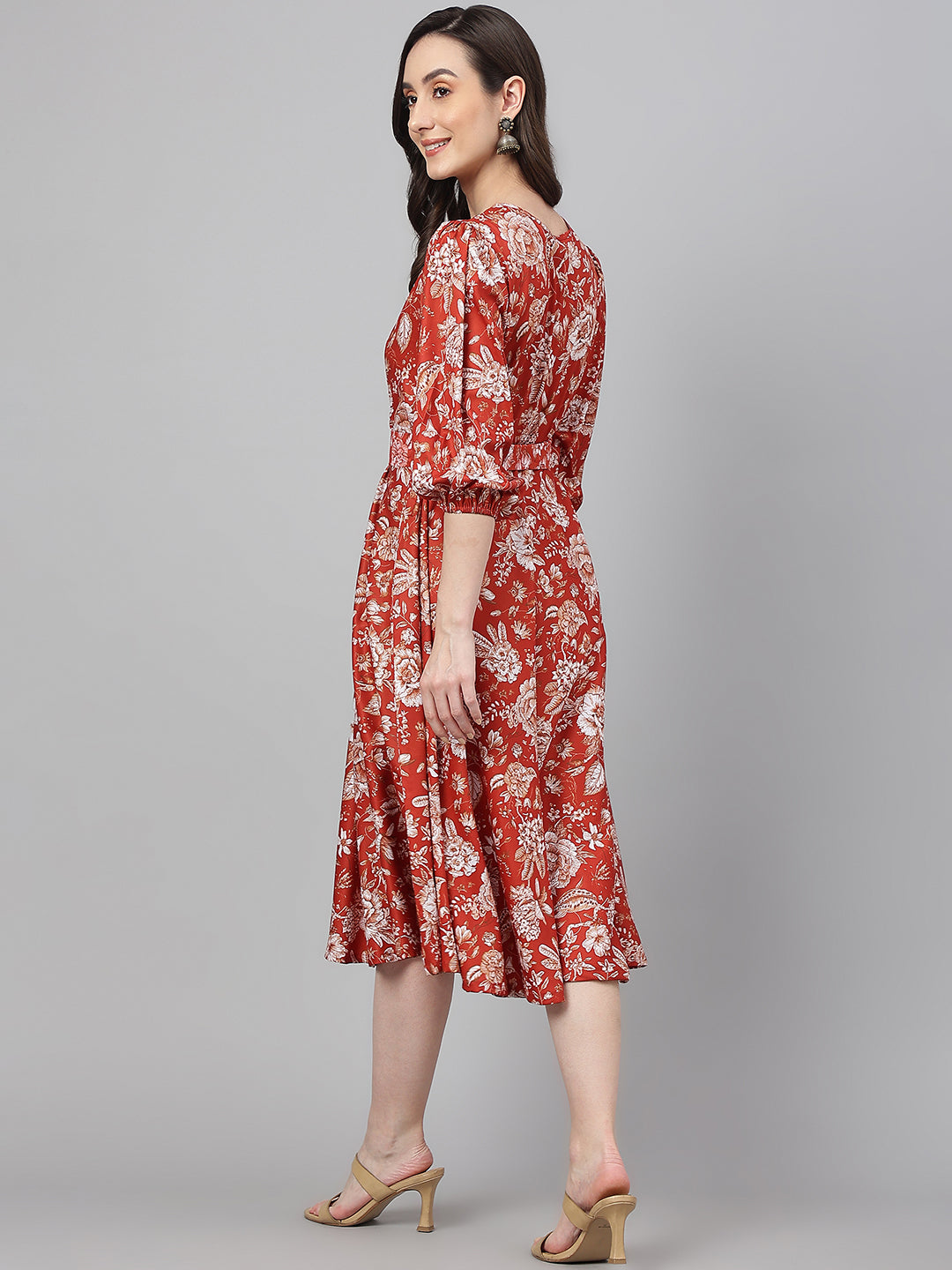Janasya Women's Rust Crepe Digital Printed Flared Western Dress