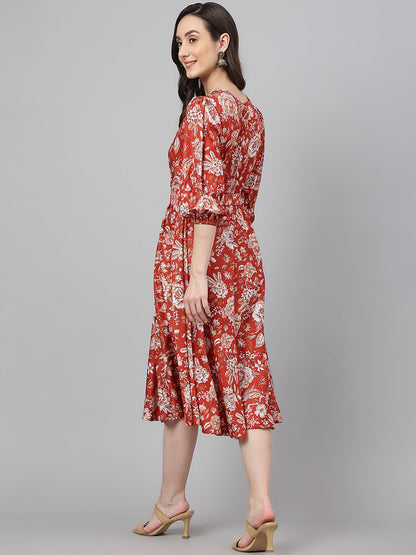 Janasya Women's Rust Crepe Digital Printed Flared Western Dress