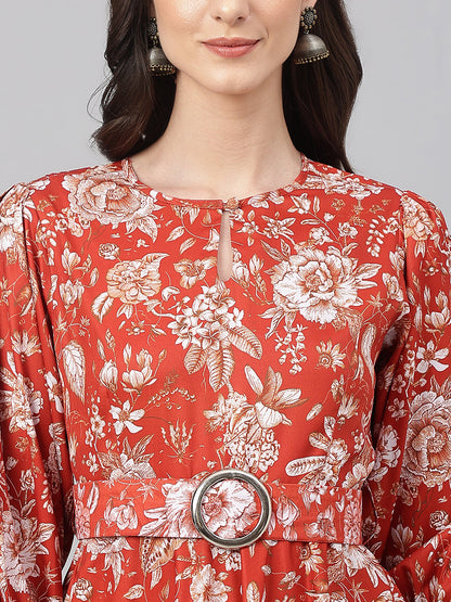 Janasya Women's Rust Crepe Digital Printed Flared Western Dress